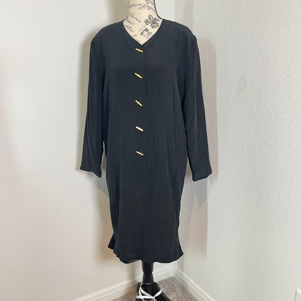 Vtg 80's Shomi by Mille Shop 100% Silk Dress Gold Button Long Sleeve‎ Black 10